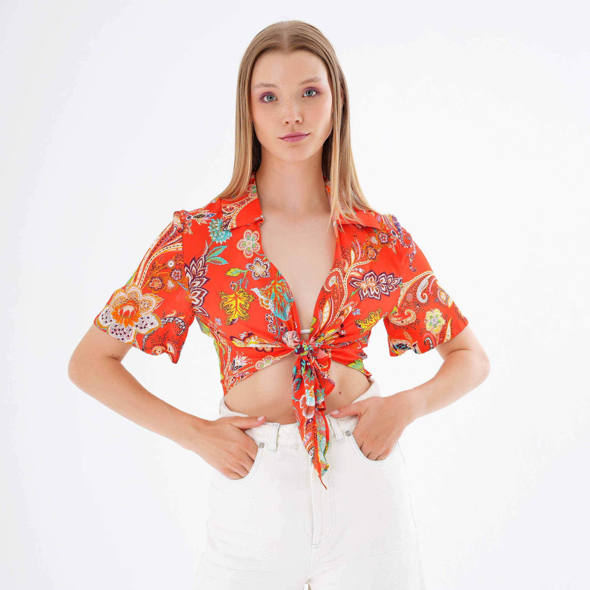 Etro - Orange Paisley Silk Cropped Blouse IT42